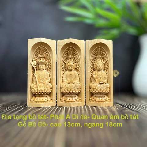 BỘ TƯỢNG ĐỊA TẠNG-PHẬT A DI ĐÀ-QUAN THẾ ÂM BỒ TÁT CAO 13CM, GỖ BỒ ĐỀ