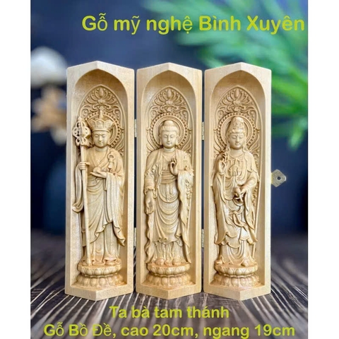 BỘ TƯỢNG ĐỊA TẠNG BỒ TÁT-PHẬT THÍCH CA-QUAN THẾ ÂM BỒ TÁT, CAO 20CM, GỖ BỒ ĐỀ