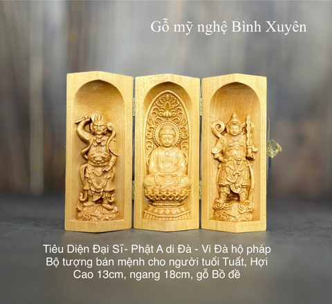 Bộ tượng Phật A Di Đà - Bản mệnh cho người tuổi Tuất, Hợi, cao 13cm, gỗ Bồ Đề