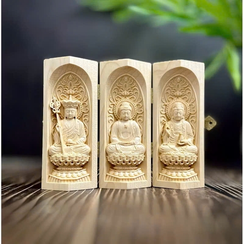 BỘ TƯỢNG ĐỊA TẠNG BỒ TÁT-PHẬT A DI ĐÀ-QUAN THẾ ÂM BỒ TÁT CAO 13CM, GỖ MAPLE