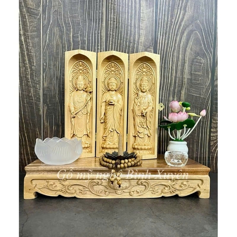 Combo Liên Hoa Tâm Phật gồm đôn gỗ me tây, Bộ tượng Tây Phương Tam Thánh cao 20cm, gỗ bồ đề