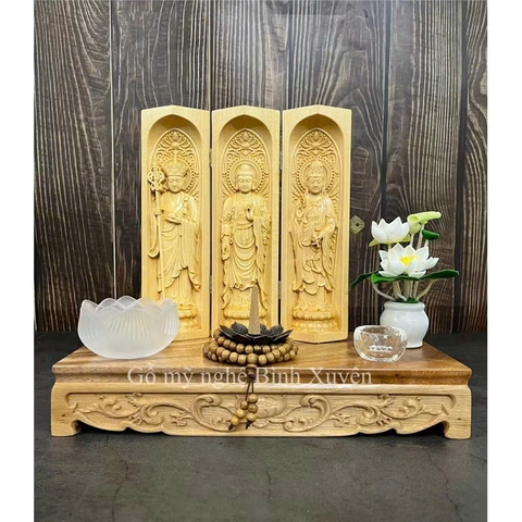 Combo Liên Hoa Tâm Phật gồm đôn gỗ me tây, bộ tượng Ta Bà Tam Thánh 20cm, gỗ bồ đề