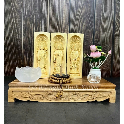 Combo Liên Hoa Tâm Phật gồm đôn gỗ me tây, bộ tượng 15cm, gỗ bồ đề