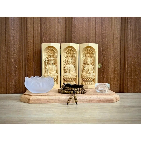 Combo Liên Hoa Tâm Phật gồm đôn gỗ Beech, Bộ tượng  Địa Tạng Bồ Tát - Phật Dược Sư - Quan Âm Bồ Tát, cao 13cm, gỗ bồ đề