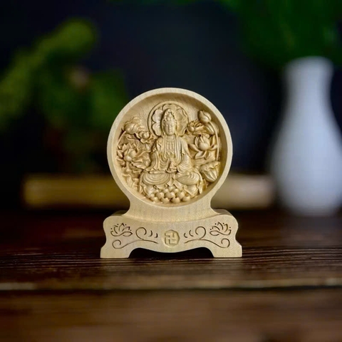 Tượng Quan Âm Bồ Tát( mẫu hoa sen) chạm 2 mặt giống nhau để ô tô, cao 12cm, gỗ Maple