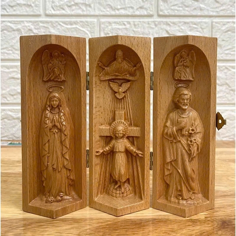 Bộ bàn thờ công giáo mini Chúa 3 Ngôi - Đức mẹ Lộ Đức, cao 15cm, gỗ Beech