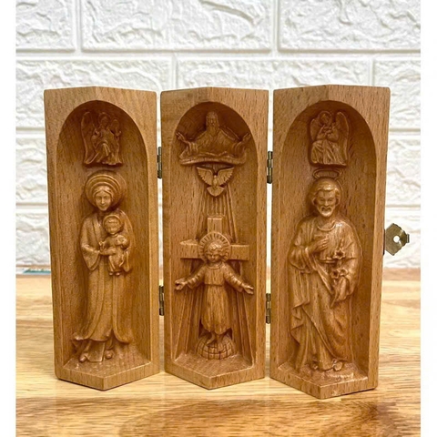 Bộ bàn thờ công giáo mini Chúa 3 Ngôi - Đức mẹ La Vang, cao 15cm, gỗ Beech