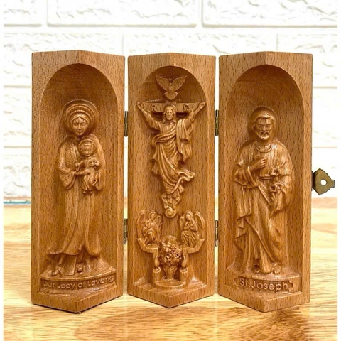 Bộ bàn thờ công giáo mini Đức mẹ La Vang - Chúa Phục Sinh - Thánh Giuse, cao 15cm, gỗ Beech