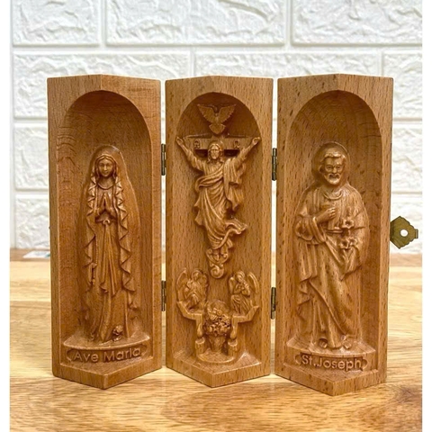 Bộ bàn thờ công giáo mini Đức mẹ Lộ Đức - Chúa Phục Sinh - Thánh Giuse, cao 15cm, gỗ Beech
