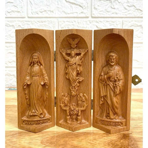 Bộ bàn thờ công giáo mini Đức mẹ Ban Ơn - Chúa Phục Sinh - Thánh Giuse, cao 15cm, gỗ Beech