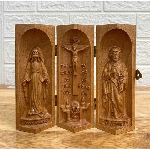 Bộ bàn thờ công giáo mini Đức mẹ Ban Ơn - Chúa Tình Yêu -Thánh Giuse, cao 15cm, gỗ Beech
