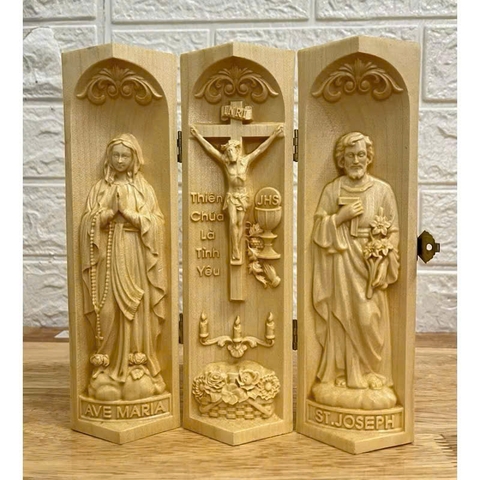 Bộ bàn thờ công giáo mini Đức mẹ Lộ Đức - Chúa Tình Yêu -Thánh Giuse, cao 20cm, gỗ Maple