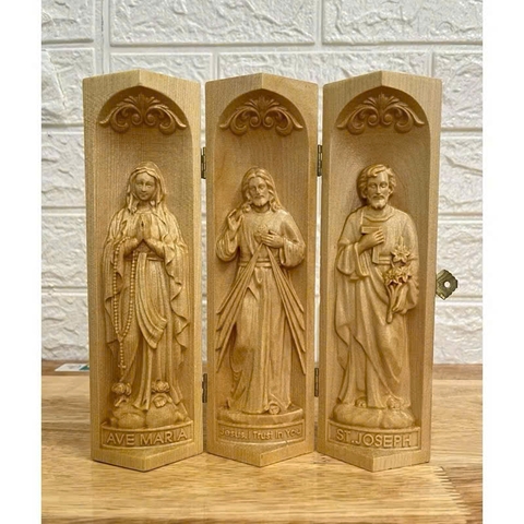Bộ bàn thờ công giáo mini Đức mẹ Lộ Đức - Chúa Thương Xót -Thánh Giuse, cao 20cm, gỗ Maple