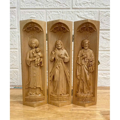Bộ bàn thờ công giáo mini Đức mẹ La Vang - Chúa Thương Xót -Thánh Giuse, cao 20cm, gỗ Maple