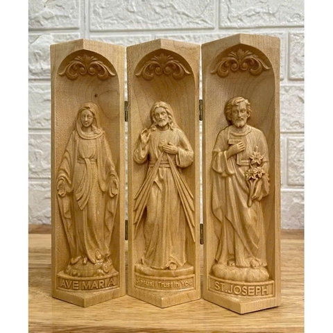 Bộ bàn thờ công giáo mini Đức mẹ Ban Ơn - Chúa Thương Xót -Thánh Giuse, cao 20cm, gỗ Maple
