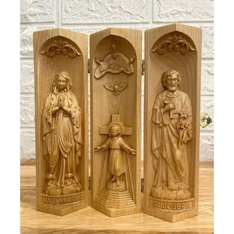 Bộ bàn thờ công giáo mini Chúa 3 Ngôi - Đức mẹ Lộ Đức, cao 20cm, gỗ Maple