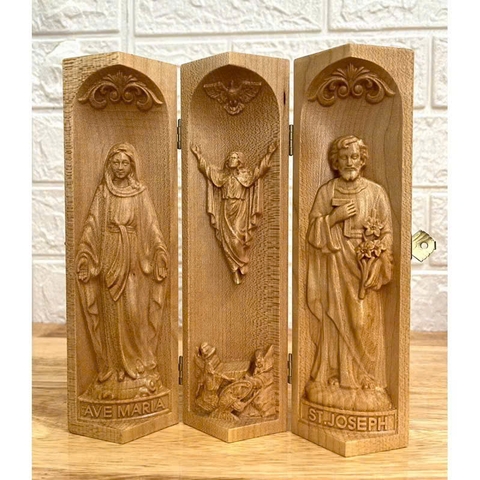 Bộ bàn thờ công giáo mini Đức mẹ Ban Ơn - Chúa Phục Sinh - Thánh Giuse, cao 20cm, gỗ Maple