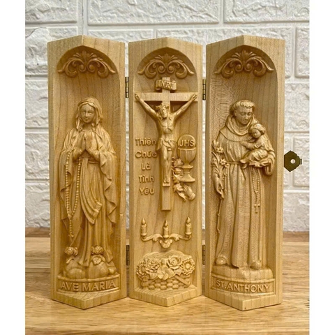 Bộ bàn thờ công giáo mini Đức mẹ Lộ Đức - Chúa Tình Yêu -Thánh An Tôn, cao 20cm, gỗ Maple