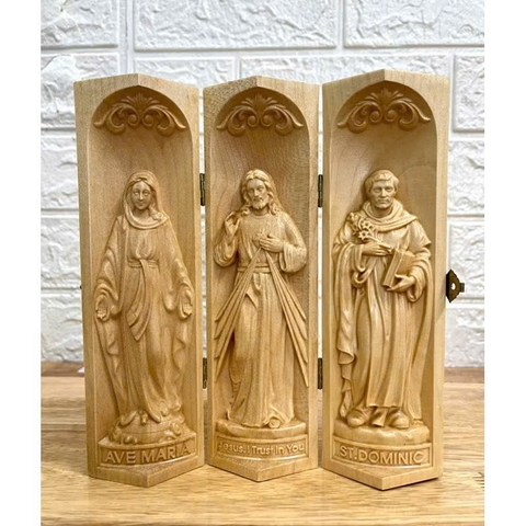 Bộ bàn thờ công giáo mini Đức mẹ Ban Ơn - Chúa Thương Xót -Thánh Dominic, cao 20cm, gỗ Maple
