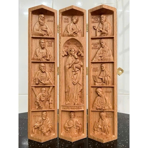 Bộ tượng công giáo Đức mẹ Hằng Cứu Giúp và các Thánh Tông Đồ, cao 25cm, gỗ Beech