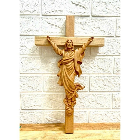 TƯỢNG CHÚA KHẢI HOÀN (Triumphant Christ Statue), CAO 20CM, THÁNH GIÁ 35CM, GỖ BEECH