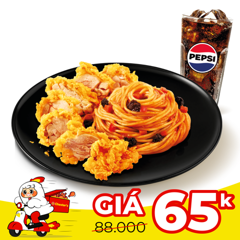 Spaghetti crispy chicken Chester's sauce + Pepsi