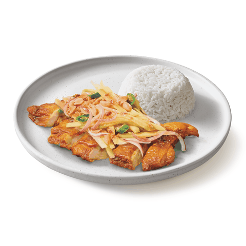 Rice with grilled chicken spicy mango salad