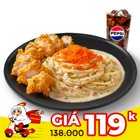 Spaghetti crispy chicken carbonara + Pepsi