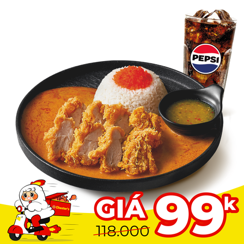 Rice with crispy chicken Chester's crab sauce + Pepsi