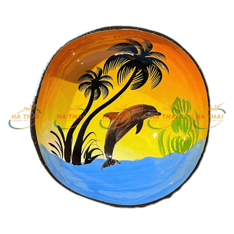 Coconut Shell Bowl With Gorgeous Sunset and Dolphins (CB075)