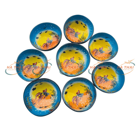 Blue Lacquered Coconut Shell Bowl with Artistic Fish Drawing (CB062)