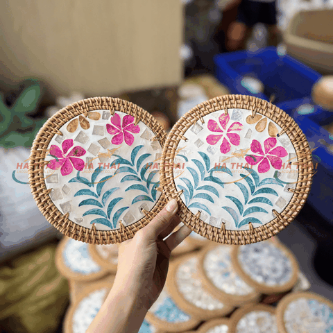 Wholesale Large Mother Of Pearl Coasters With 2 Flowers (MPC04)