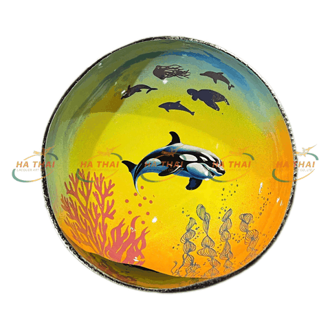 Lacquered Coconut Shell Bowl Ocean Scene with Sunset and Dolphins (CB070)