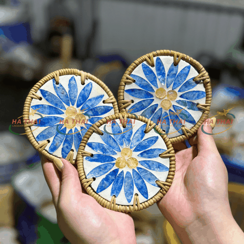 Sparkling Blue Floral Mother-of-Pearl Small Coaster (HC022)