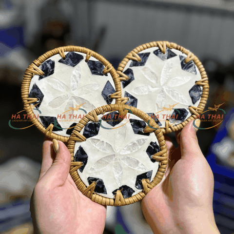 White Floral Inlaid Coaster with Black Border (HC019)