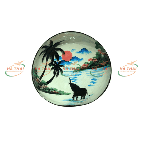 Tropical Jungle Elephant Lacquer Coconut Bowl - CB018