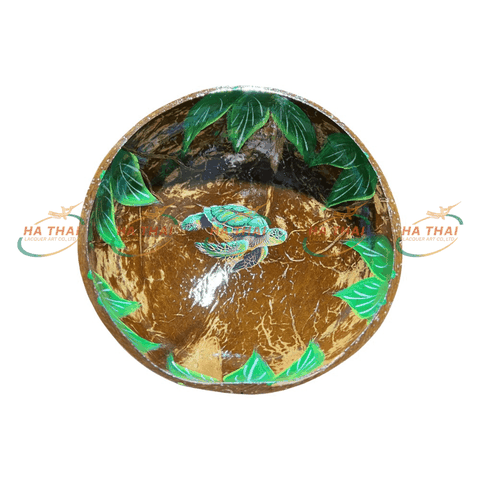 Natural Coconut Bowl With Green Leaf Sea Turtle Pattern (CB027)