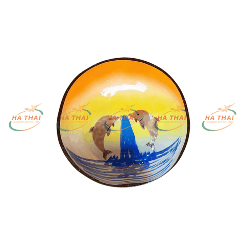 Hand Painted Lacquer Coconut Bowl – Sunset Scene with Dolphins Playing in the Ocean