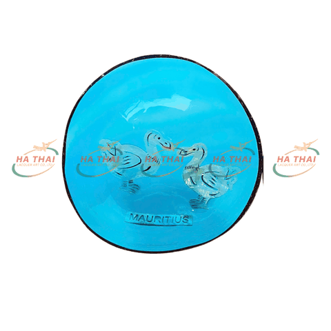 Lacquer Coconut Bowl Blue Background with Mauritius Dodo Bird Design (CB035)