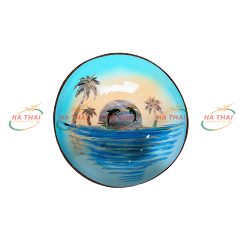 Coconut Bowl Tropical Sunset Seascape With Dolphins And Palm Trees (CB036)