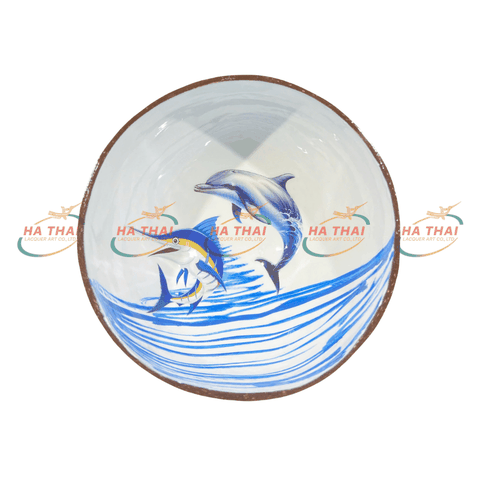 Lacquered coconut bowl with wave and dolphin scene (CB042)