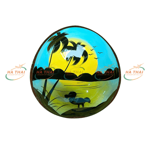 Custom lacquered coconut bowl sunset scene (CB045)