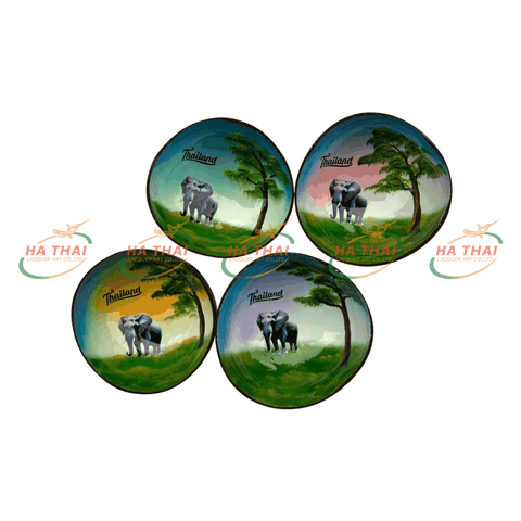 Sunset Coconut Shell Bowl with Elephant Scene in the Forest (CB067)