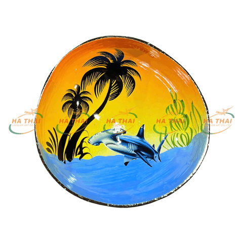 Coconut Shell Bowl for Export with Sunset and Whale Painting (CB069)