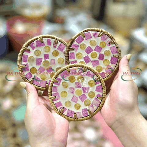 Geometric Mother-of-Pearl Coaster With Yellow & Purple - HC11