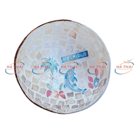 Mauritius Dolphin & Palm Inlay Mother Of Pearl Coconut Bowl - MCB12