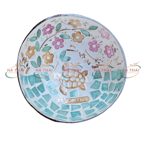 Mauritius Mother of Pearl Inlaid Coconut Bowl – Sea Turtle and Colorful Flowers - MCB13