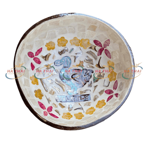 Mauritius Mother-of-Pearl Inlay Coconut Bowl – Dodo Bird & Colorful Floral Motif (MCB19)