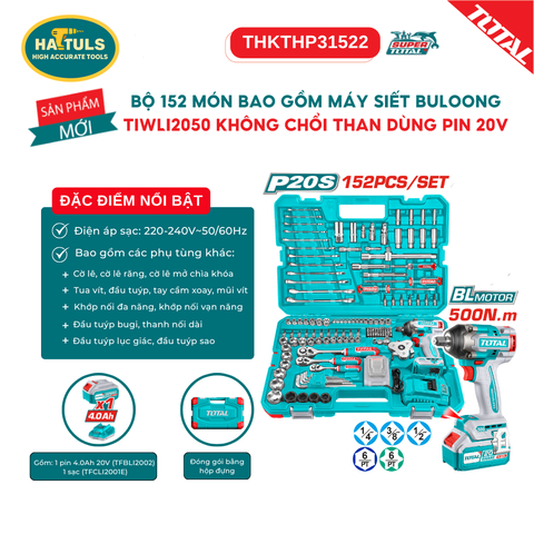 Bộ 152 món bao gồm máy siết bulong TIWLI2050 không chổi than dùng pin 20V - THKTHP31522