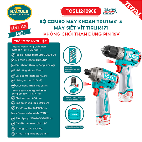 Bộ combo máy khoan TDLI16681 & máy siết vít TIRLI16171 không chổi than dùng pin 16V - TOSLI240968